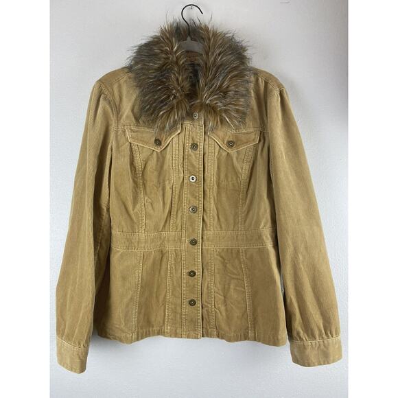 EUC Style & Co Sz M Tan Rmvble Faux Fur Collar Corduroy Button LS Jacket - Picture 1 of 9